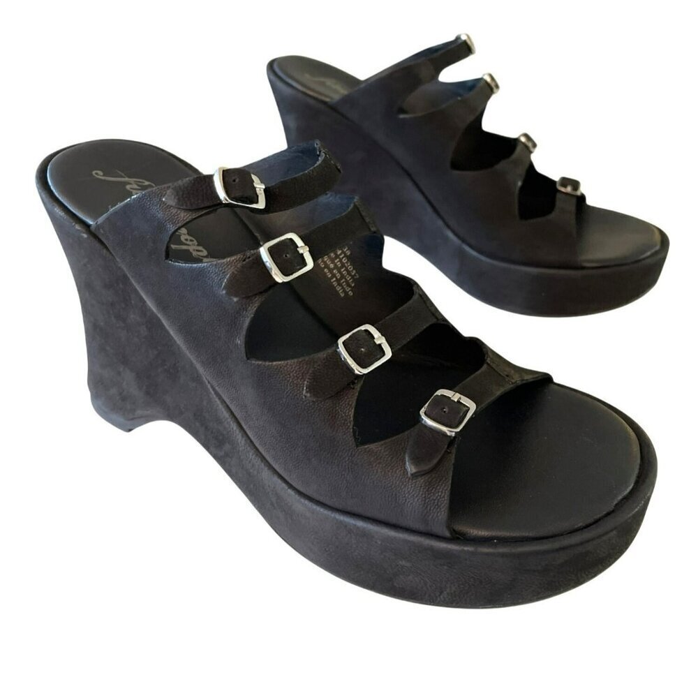 Free People Black Leather Huffman Buckle Wedge Shoe Heels Size 38 US 7.5